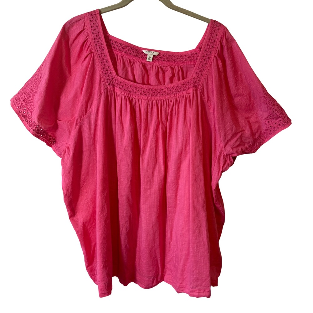Sonoma Life Style Womens 3X Pink Cotton Eyelet Lace Square Neck‎ Peasant Blouse